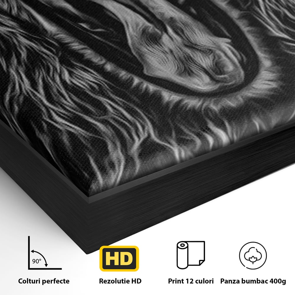 Tablou Canvas cu Leu Care Raguseste, Alb si Negru, M1385